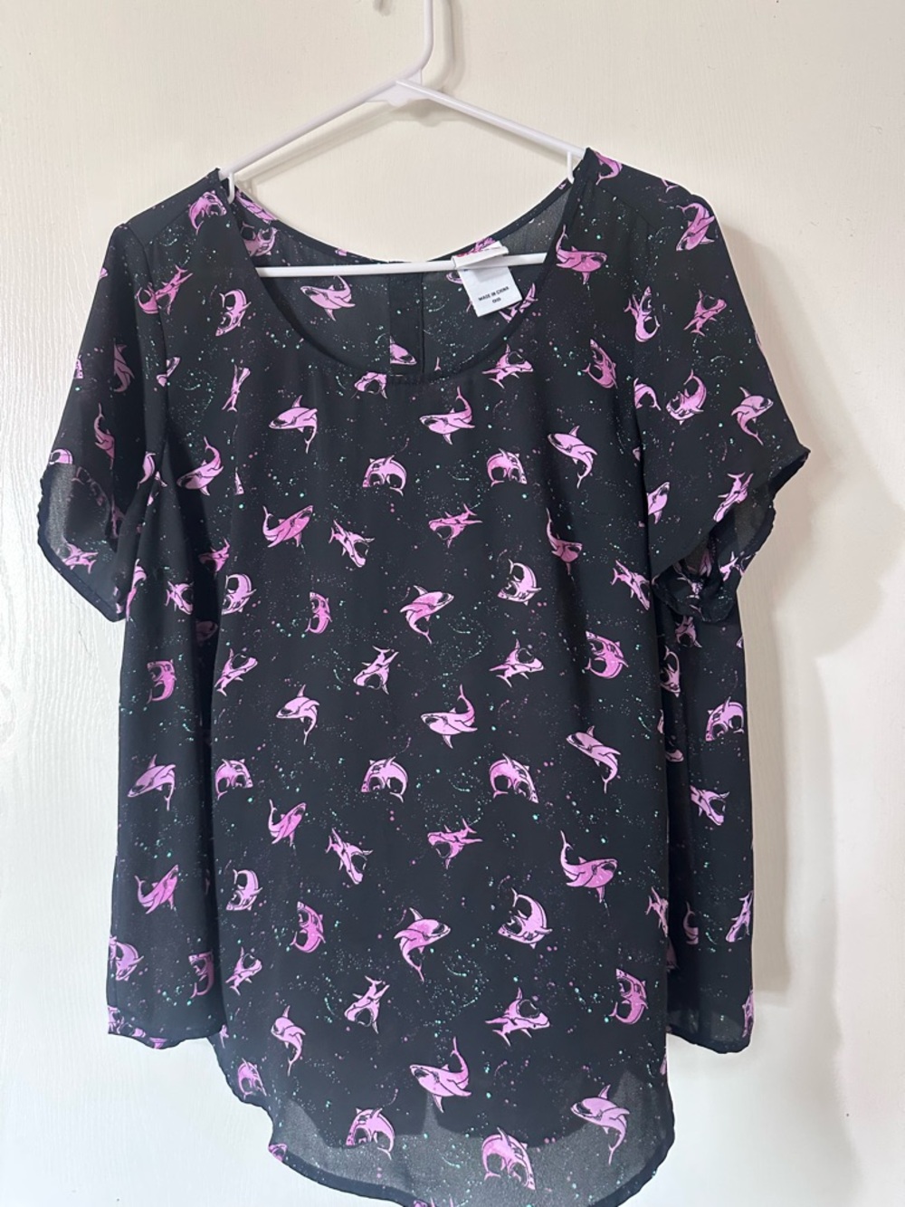Torrid - JAWS Black Top with Pink Shark Print
